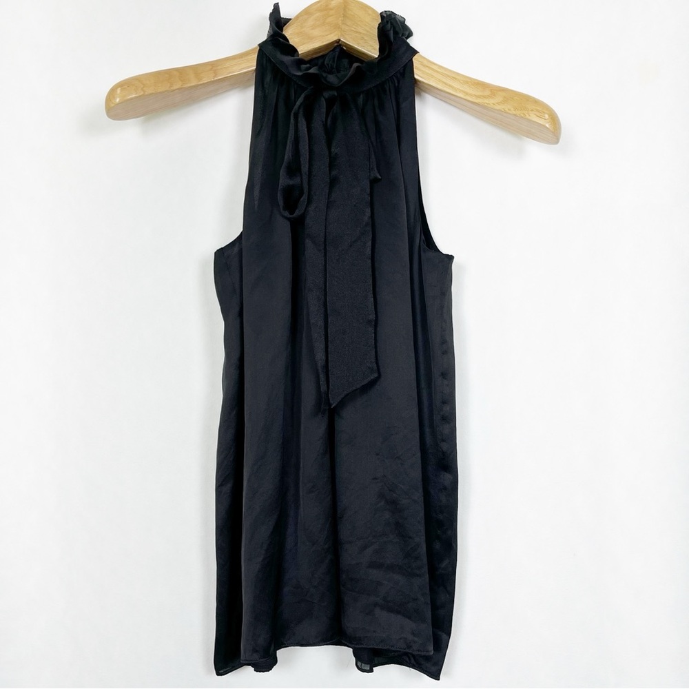 Club Monaco Black Silk Neck-Tie Sleeveless Blouse Ruffled High-Neck Size‎ XS
